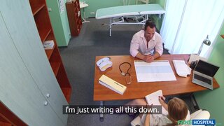 Fake Hospital - Toned sexy patient cums in nurses mouth on doctors desk - 09/04/2015